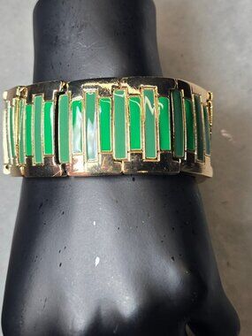 Green and Gold Tone Stretch Bracelet Wide Statement Cuff Enamel Look Bars